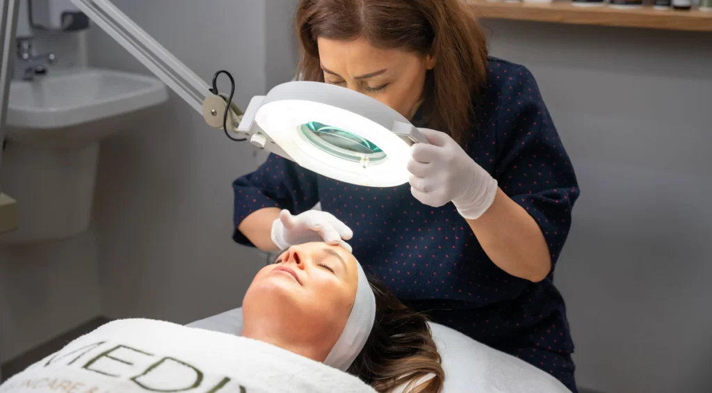 A clinician assessing the client's skin at Medix Skincare