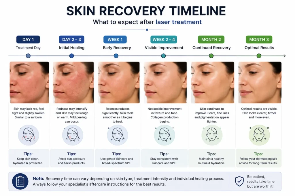 A clear visual timeline highlighting skin recovery stages from Day 1 to Month 3 post-laser treatment