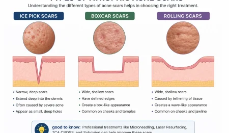 Diagram showing the differences between ice pick, boxcar, and rolling atrophic acne scars.